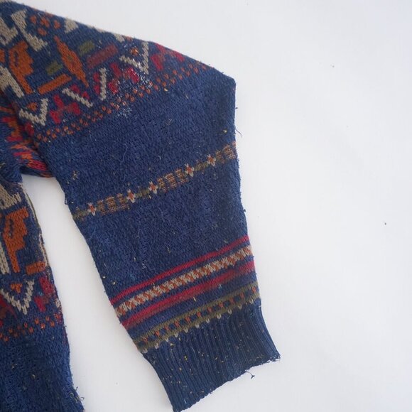 Vtg Essentiels Navy Orange 3D Eclectic Grandpa Knit Ribbed Crewneck Sweater LT - Picture 4 of 10